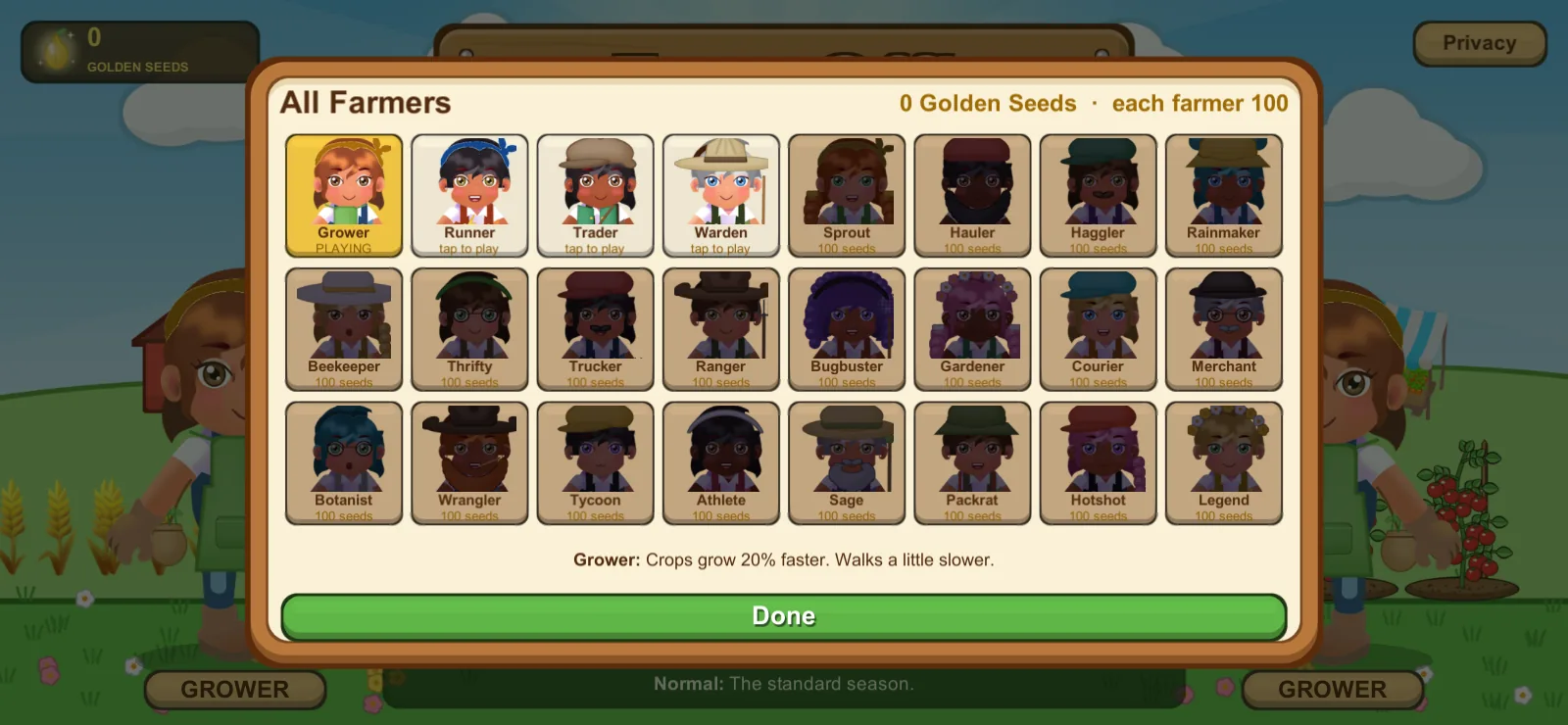 A grid of 24 farmer portraits, most locked, each costing 100 Golden Seeds.