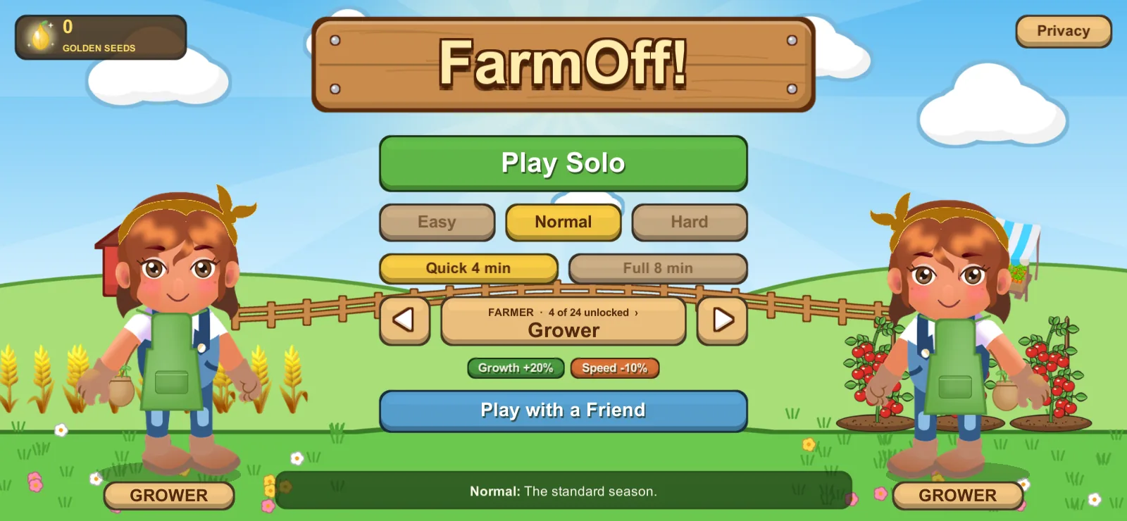 The FarmOff! start screen with Play Solo, difficulty, season length and farmer choice.