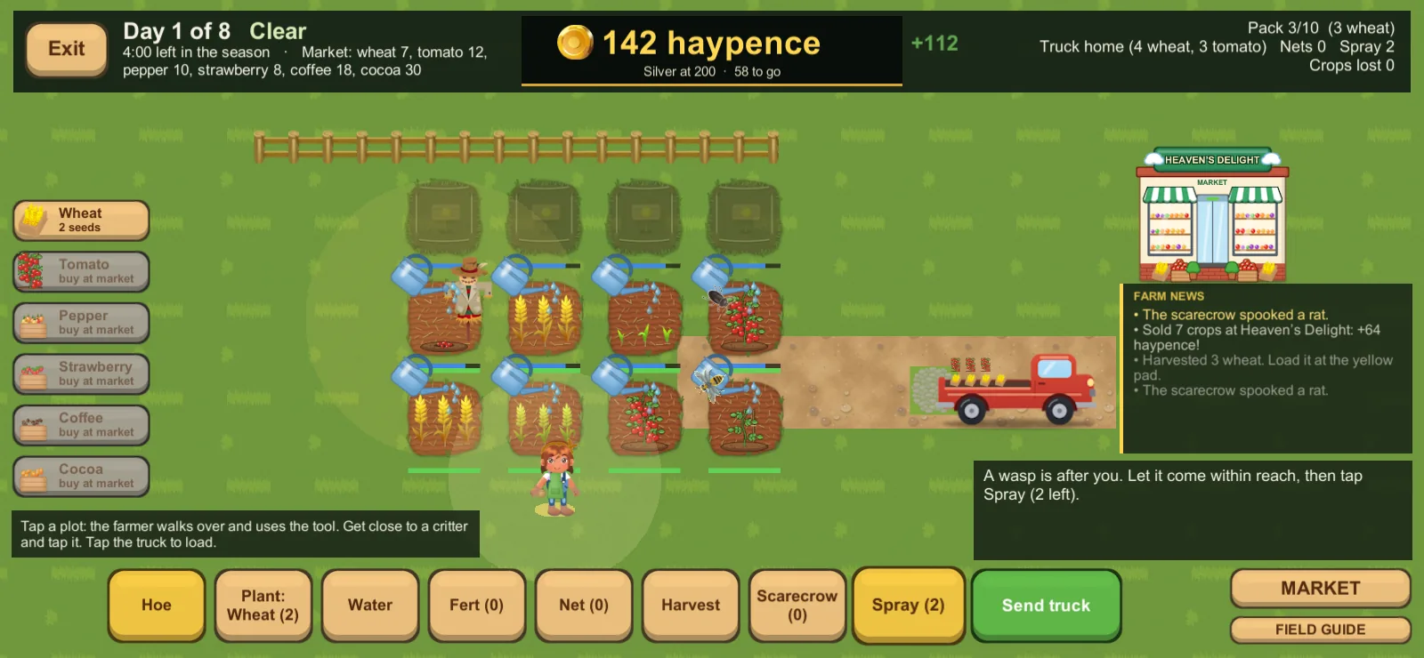 FarmOff! gameplay: a farmer waters wheat and tomatoes while a red truck waits to take crops to market.