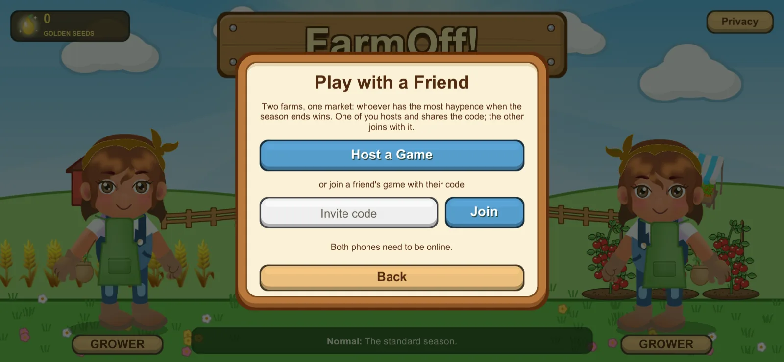 The Play with a Friend card with Host a Game and an invite code box.